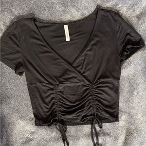 Chic Black Ruched V-Neck Crop Top